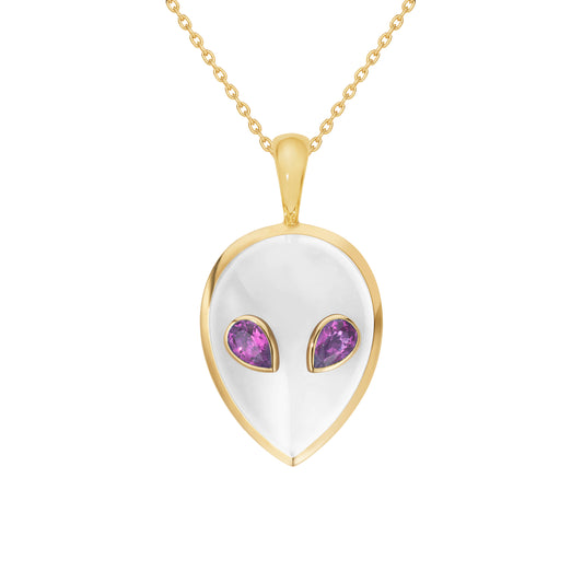 Alien-pendant-yellow-gold-with-white-agate-and-rhodolite