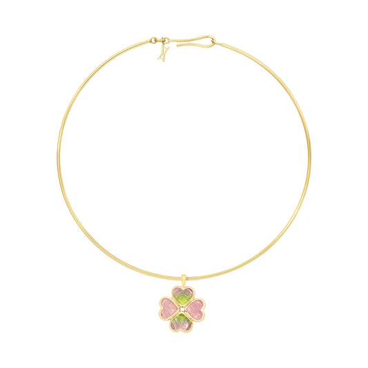 Lucky-charm-choker-yellow-gold-with-watermelon-tourmaline-and-rose-quartz