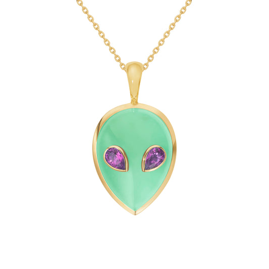 Alien-pendant-yellow-gold-with-chrysoprase-and-rhodolite
