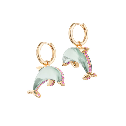 Dolphin-bubble-hoops-stoned-yellow-gold-with-green-amethyst-and-pink-sapphire