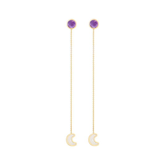 Luna-sticker-chain-earrings-yellow-gold-with-enamel-and-amethyst