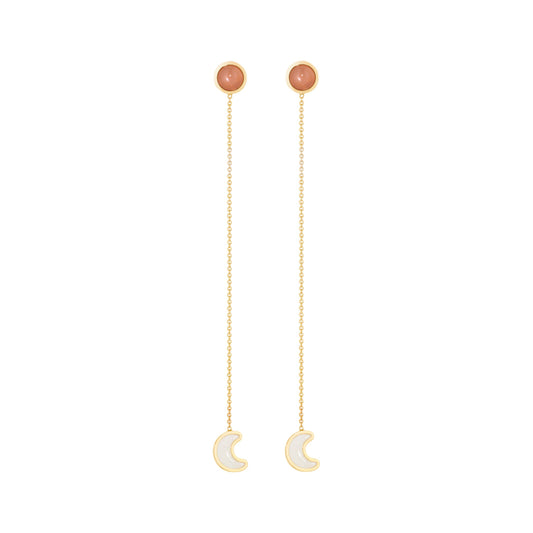 Luna-sticker-chain-earrinigs-yellow-gold-with-enamel-and-orange-moonstone