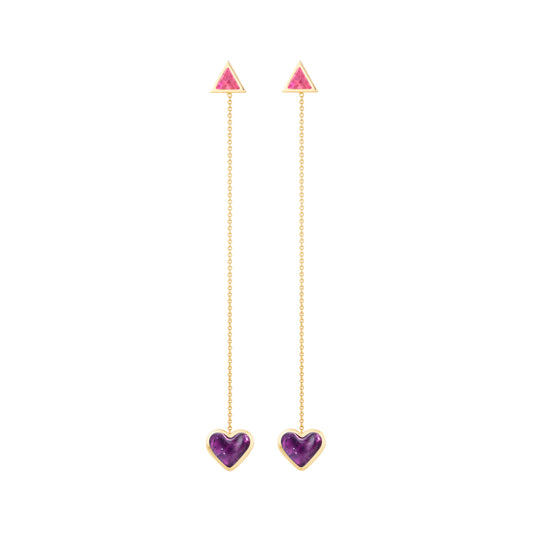 Love-sticker-chain-earrings-yellow-gold-with-amethyst-and-pink-tourmaline