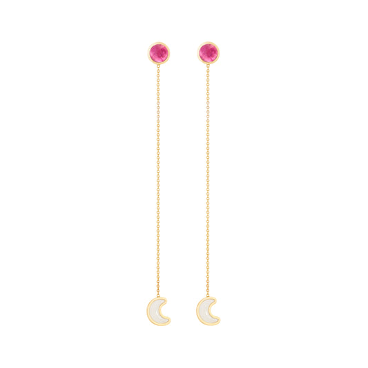 Luna-sticker-chain-earrinigs-yellow-gold-with-enamel-and-pink-tourmaline