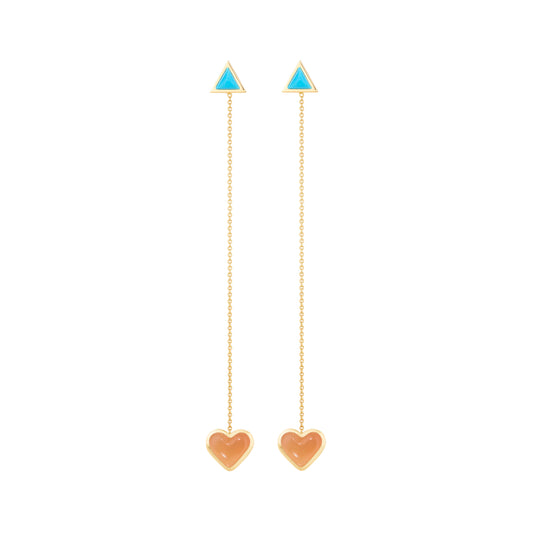 Love-sticker-chain-earrings-yellow-gold-with-orange-moonstone-and-turquoise
