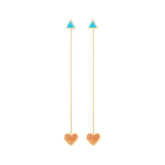 Love-sticker-chain-earrings-yellow-gold-with-orange-moonstone-and-turquoise