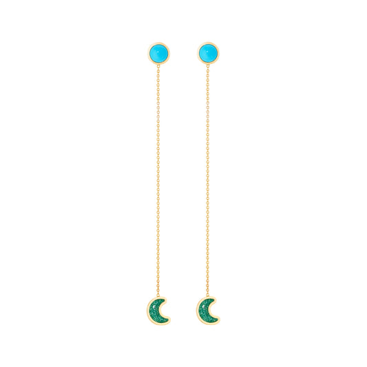 Luna-sticker-chain-earrings-yellow-gold-with-enamel-and-turquoise