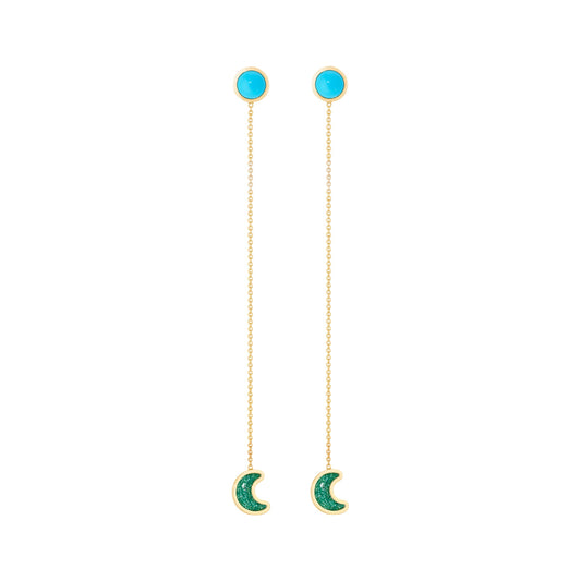 Luna-sticker-chain-earrings-yellow-gold-with-enamel-and-turquoise