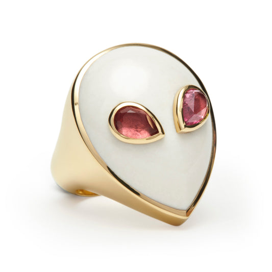 Signature-alien-ring-yellow-gold-with-white-agate-and-pink-tourmaline